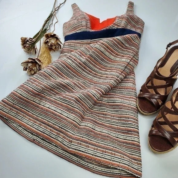 MILLY  Tan Blue Orange Picked Cotten Linen Dress 2 - Picture 12 of 15